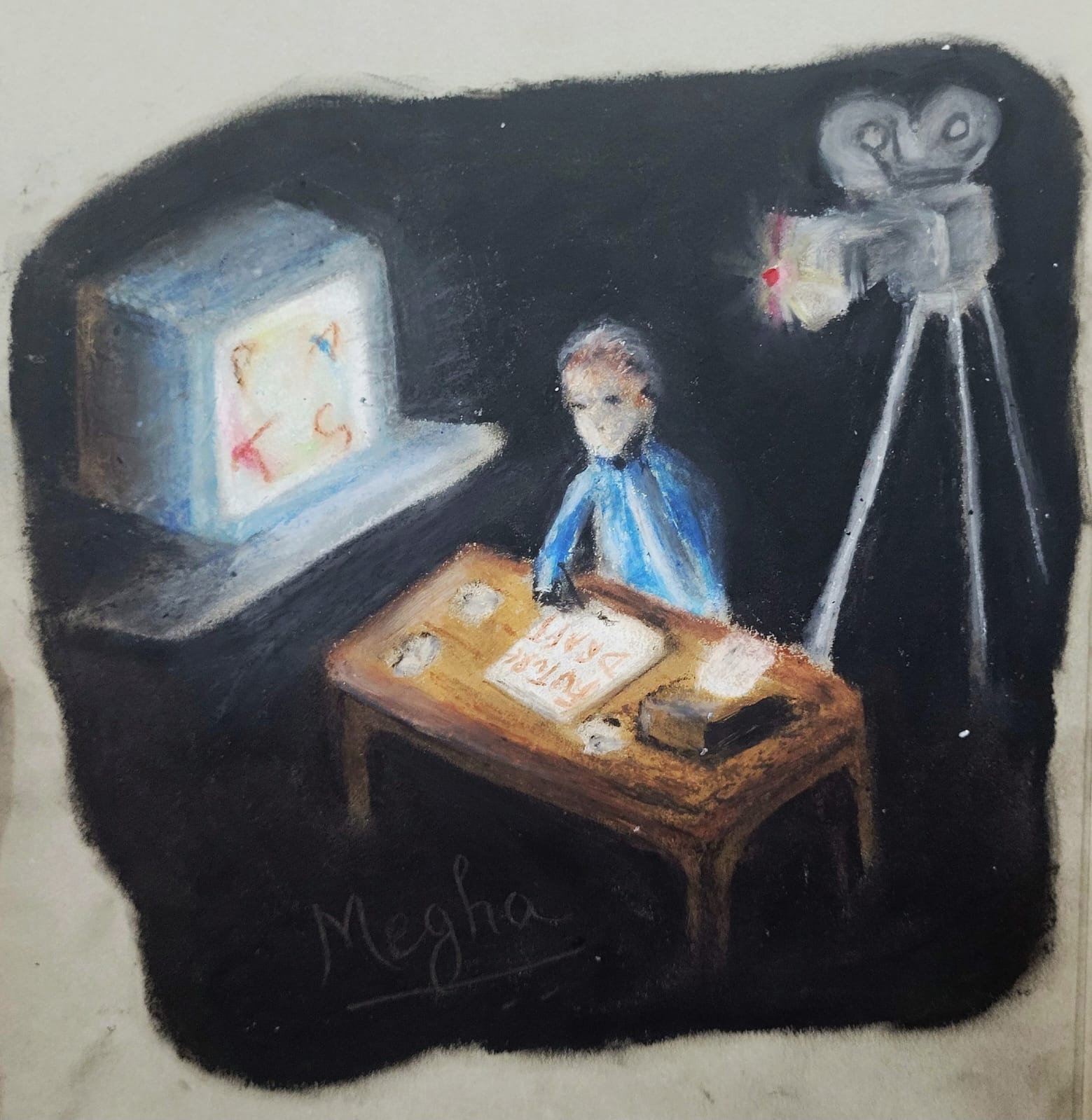 A figure at a desk, screen on the left, camera on the right